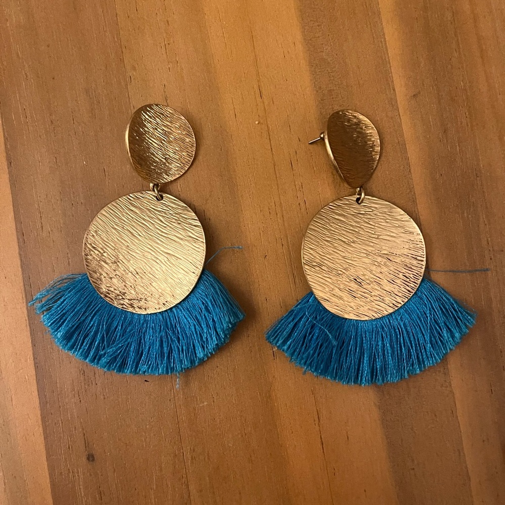 Gold and Blue Fringe Earrings